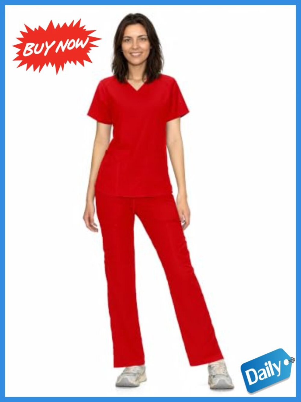Women's Scrub Set V-Neck Top Straight Leg Cargo Pants 9 Pockets Soft Stretch